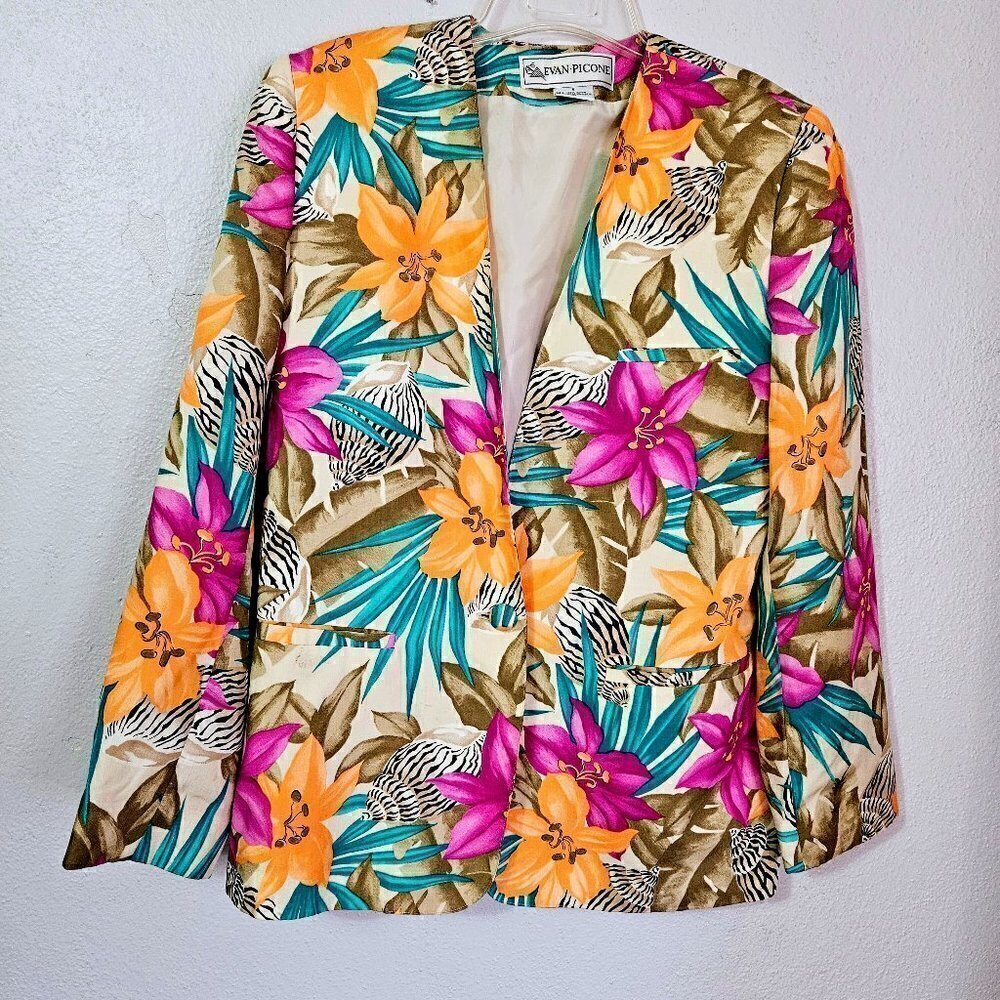 EVAN PICONE VINTAGE TROPICAL FLORAL PRINT WOMENS BLAZER SIZE 6